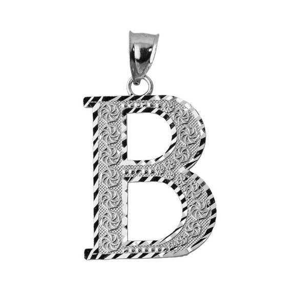 925 Sterling Silver Diamond Cut Large Initial Letter B Roman Pendant Necklace
